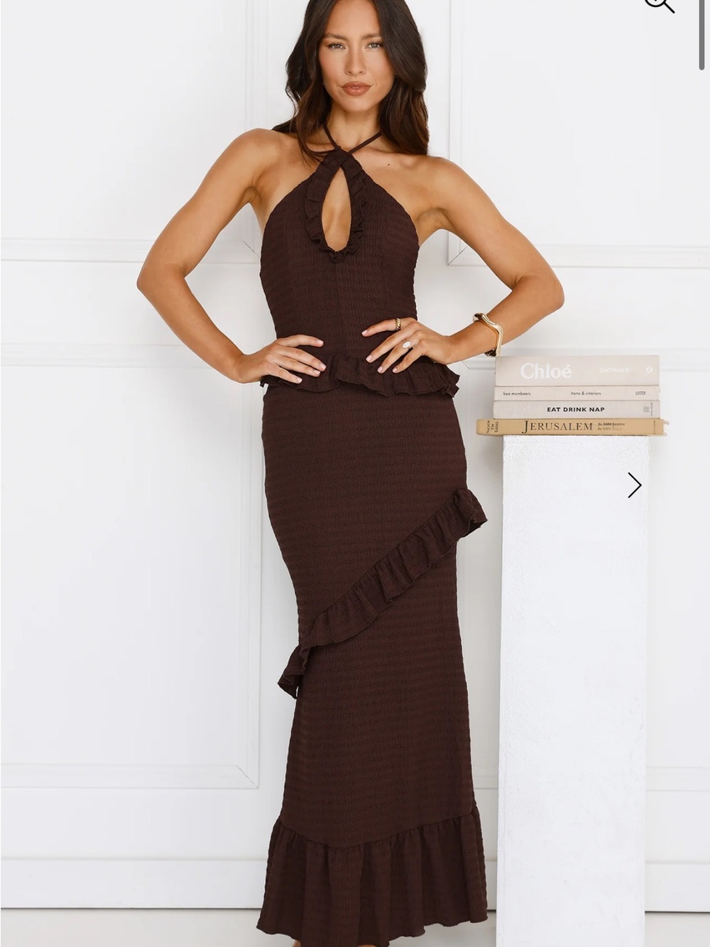 Hello Molly Chocolate Brown Ruffle Halter Maxi Dress